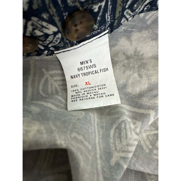 Woolrich Vintage Navy Tropical Fish Print Short Sleeve Button-Up Shirt Cotton XL - Picture 5 of 5